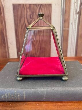 Brass and Glass Pyramid Jewelry Display with Red Velvet Cushion